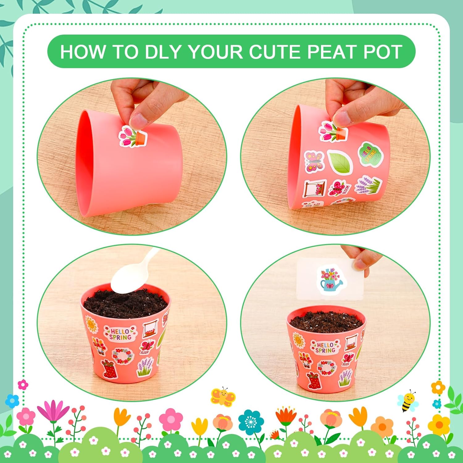 Domensi 30 Pack Garden Pot Craft Kit 4 Inch DIY Hello Spring Crafts for Kids Bulk Plastic Flower Plant Pot Plastic Planter with Tray Drainage Holes with Tag, Certificate of Award, Sticker