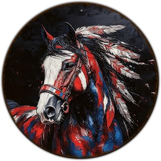 Horse Native American Metal Tin Sign Colorful Southwestern Indian Horse Wreath Sign Native Indian Horse Metal Poster Home Bedroom Living Room Decoration Colorful Horse 12 * 12 in