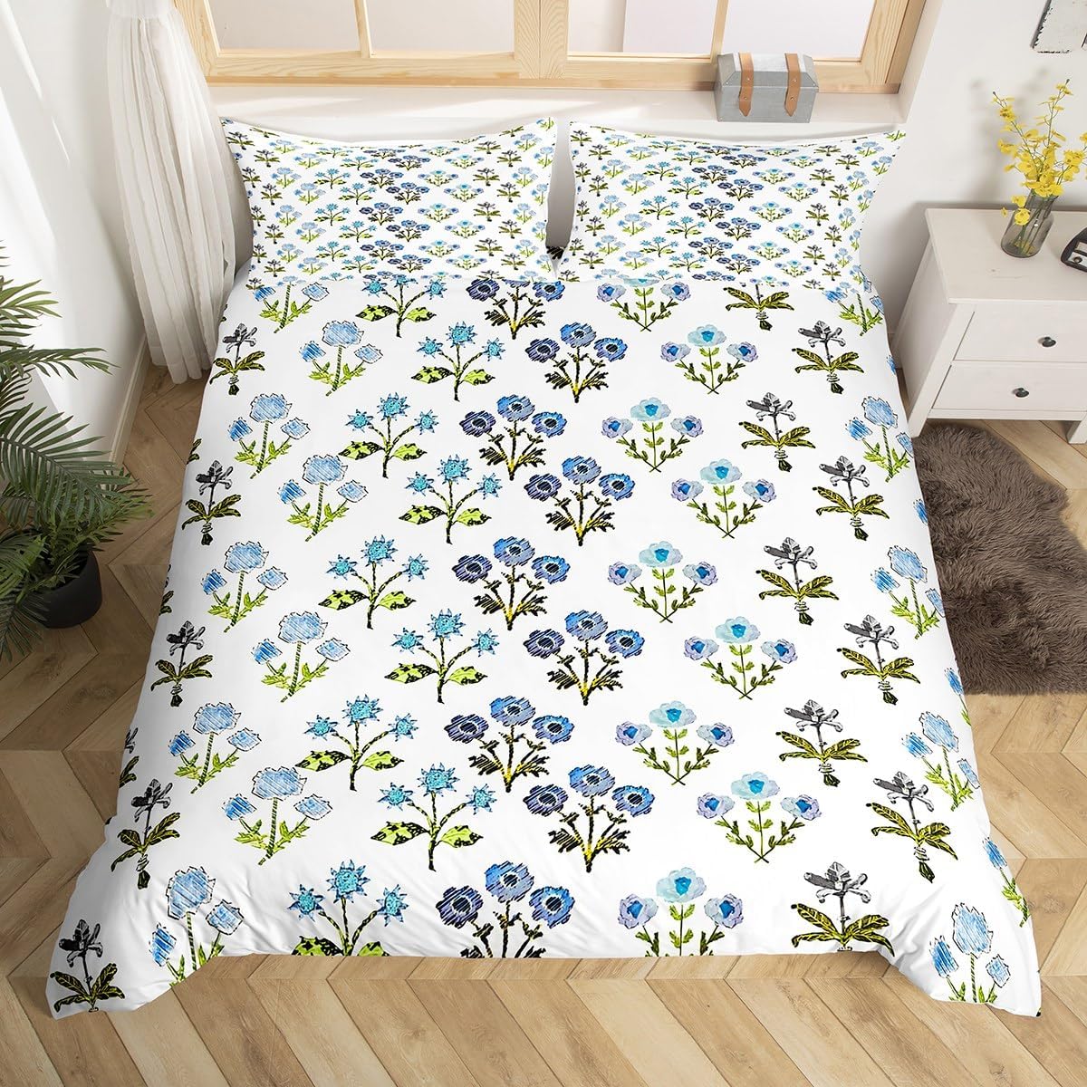 jejeloiu Vintage Floral Spring Bedding Set for Girls Boys Kids Toddler Size Blue Block Print Comforter Cover Set Room Decorative Boho Duvet Cover Farmhouse Retro 2Pcs,No Comforter