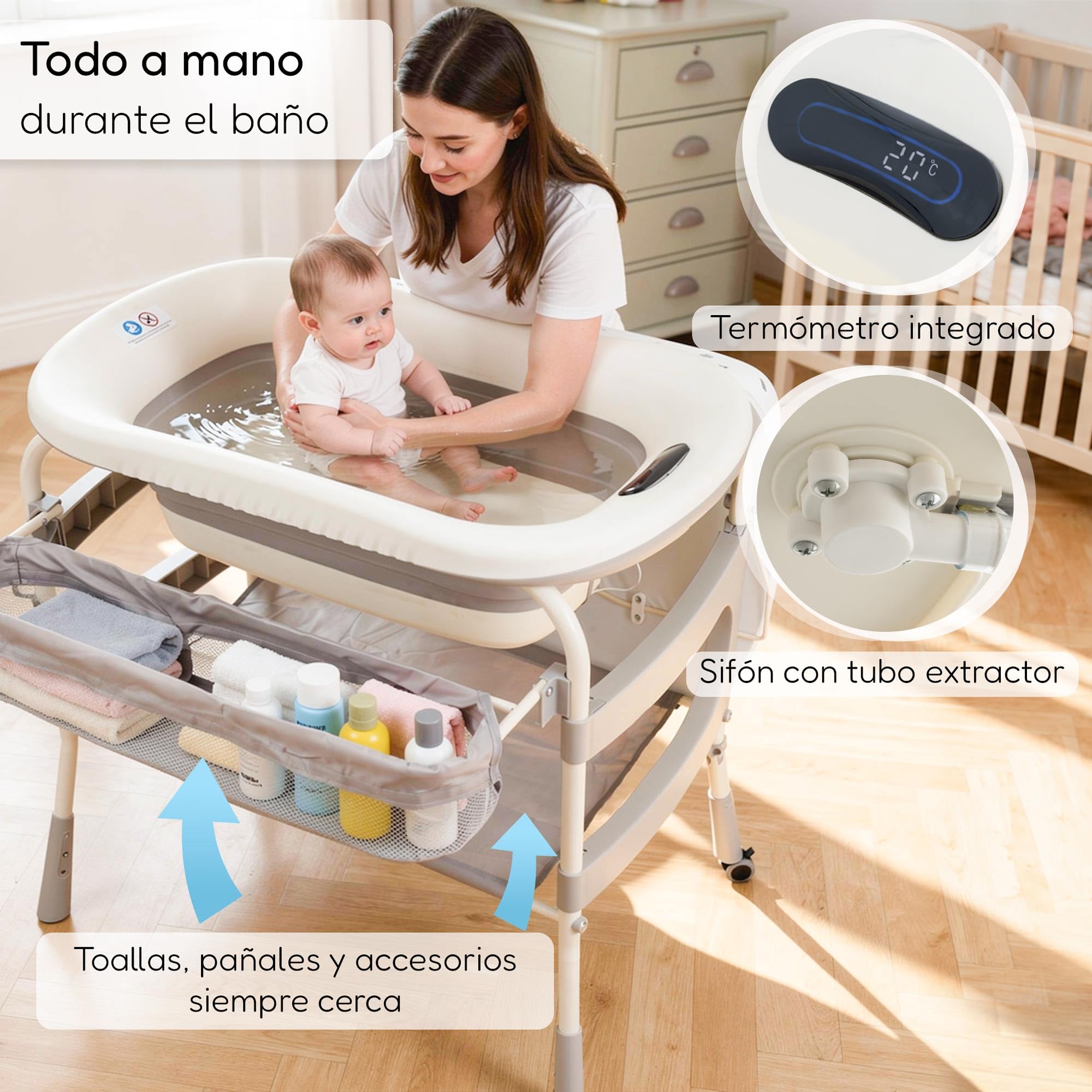 Wickelauflage mit Babywanne faltbar mit Rollen und Organizer | 2-in-1: Wickeltisch und Badewanne, Ablaufschlauch, wasserdichte Matratze, Rollen mit Bremse, geräumiger Stauraum