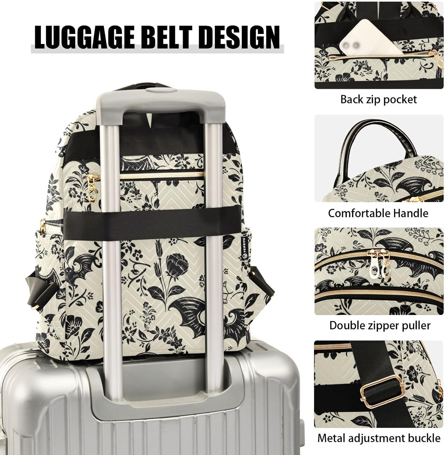 Goth Bat Flowers Quilted Backpack Purse for Women Fashion Small Backpack Shoulder Bag Travel Casual Daypack M - Image 4