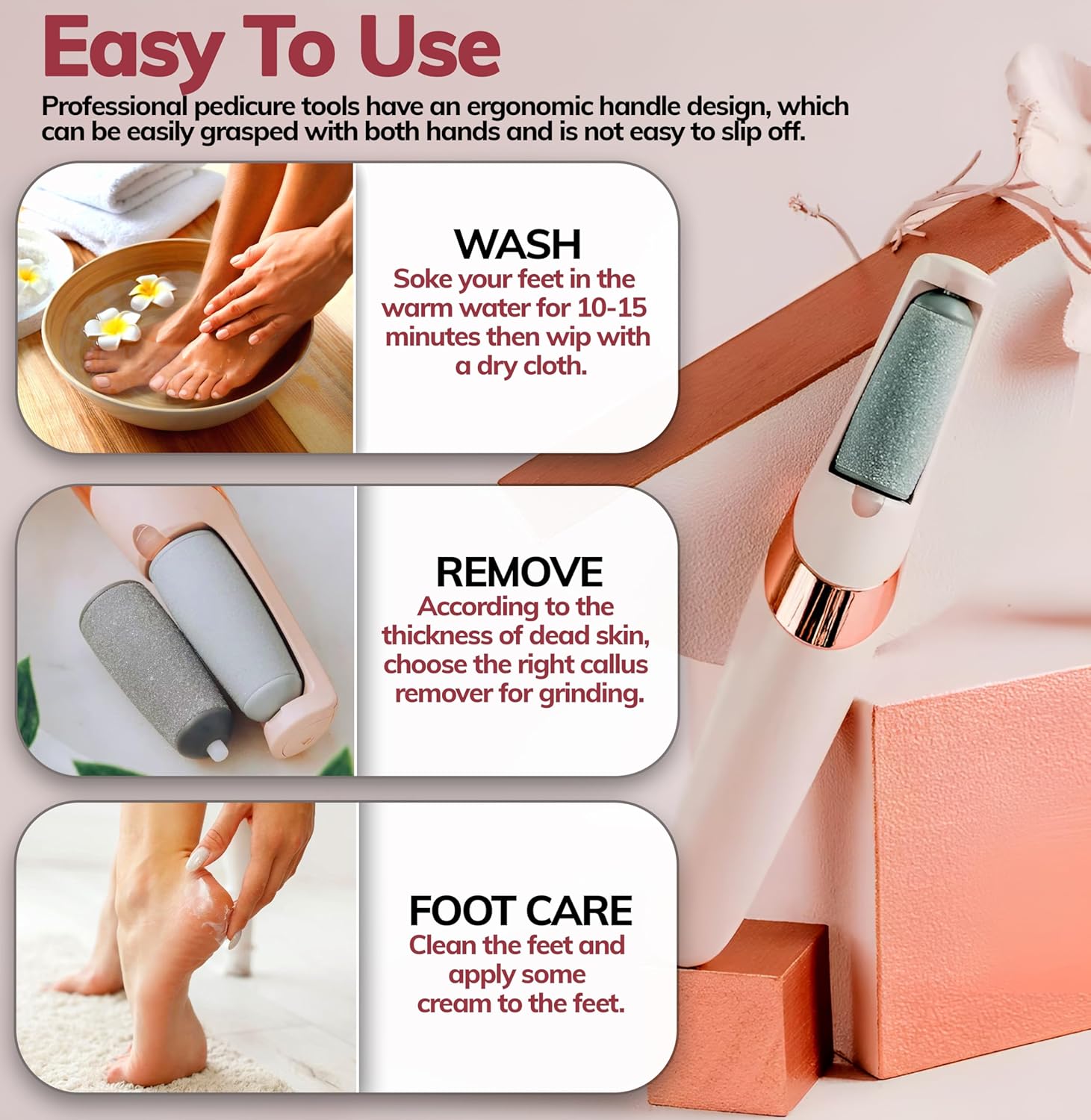 Electric Callus Removers for Feet, Rechargeable Electric Foot Callus Remover Pedicure, Removes Dry Skin for Smoother Feet, Foot Care for Dead Skin Ideal Gift (Pink) - Image 6