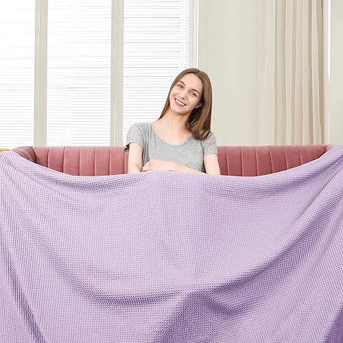 Miniatura 8 de PHF Manta de punto gofre 100% algodón, tamaño California King, 120 x 120 pulgadas, suave, ligera, transpirable, de gran tamaño, para todas las