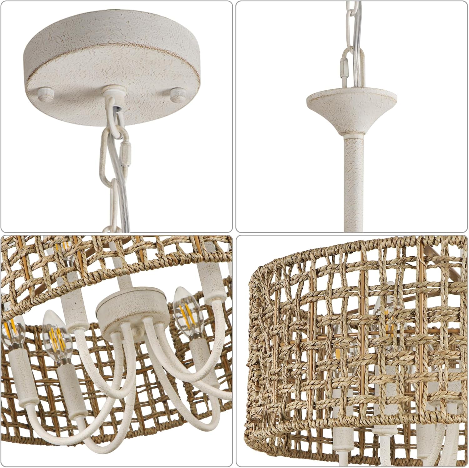 White Rattan Chandelier for Dining Room, 6-Light Boho Chandelier Light Fixture Hand-Woven Bohemian Coastal Hanging Pendant Lighting for Kitchen Living Room Foyer Entryway