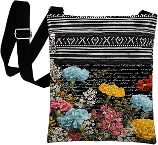 Colorful Carnations Crossbody Bag Mixed Carnations White Script Print Adjustable Strap Purse Birthday Present for Sister Mother Friend Outdoor Travel Daily Use Messenger Bag