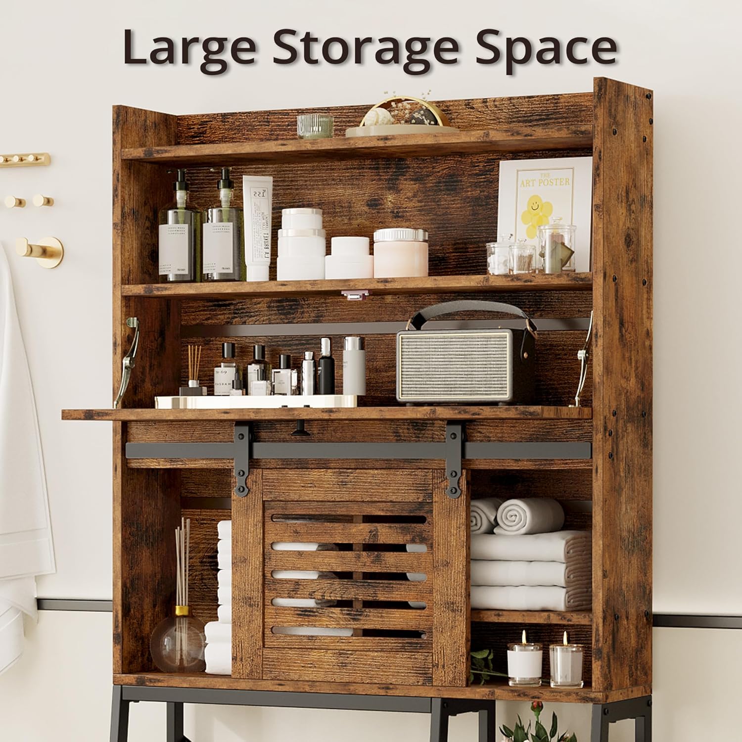 IRONCK Over The Toilet Storage with Cabinet, Sliding Barn Door, Side Storage Open Rack, Mass-Storage Over Toilet Bathroom Organizer for Bathroom, Restroom, Laundry, Vintage Brown - Image 8