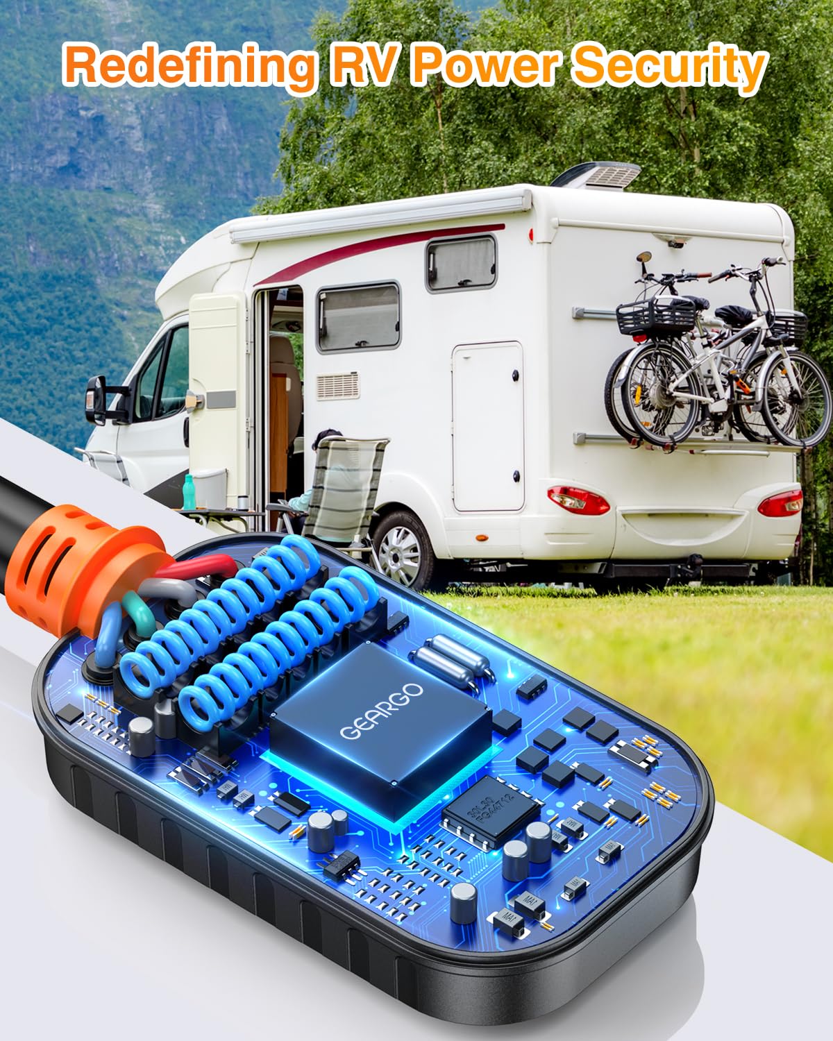 GEARGO 𝟑𝐫𝐝-𝐆𝐞𝐧 RV Surge Protector 50 Amp, Latest 18000J Surge Protection RV Circuit Analyzer, RV Adapter Plug for Camper with Waterpoof Cover, Plug and Play（Orange）