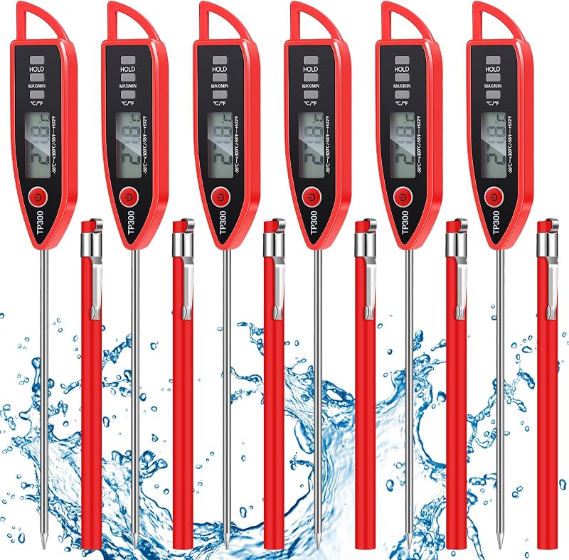 Copkim 6 Set Digital Food Thermometer Long Probe Instant,Red | Waterproof for Water Liquid Candle, Instant Temperature Read for Kitchen BBQ Grill Candy Meat, Foldable Probe Thermometer
