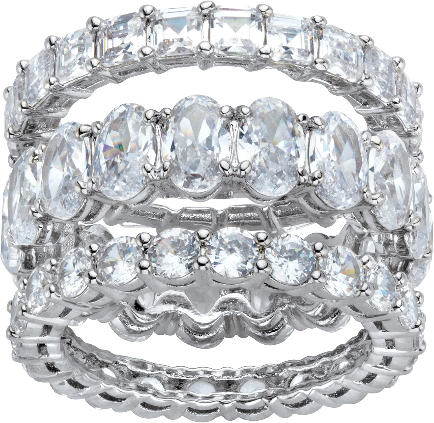 Palm Beach Jewelry Platinum Plated Oval Round and Princess Cut Cubic Zirconia 3 Piece Stackable Eternity Ring Set