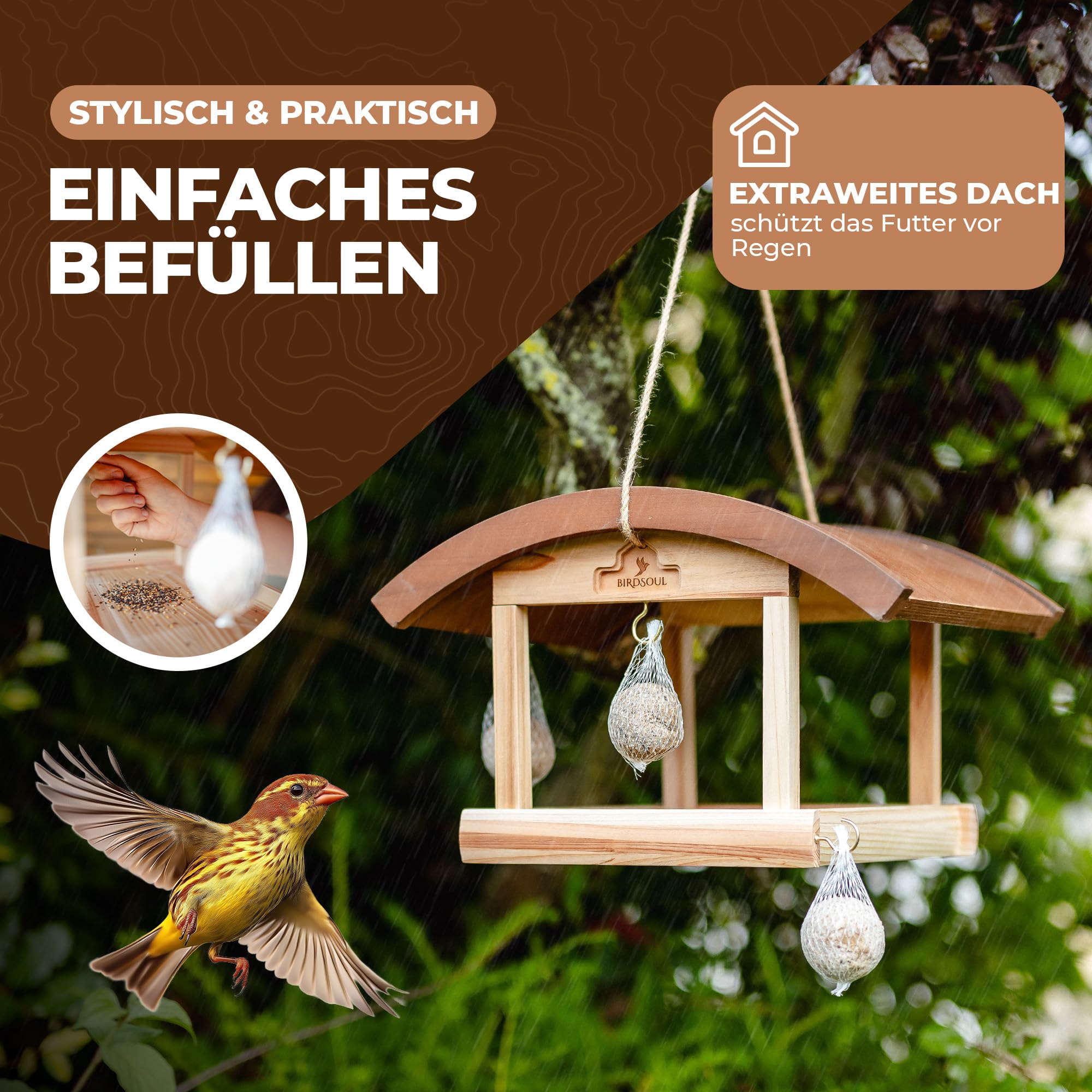 Großes Vogelhaus zum Aufhängen wetterfest [Rain-Safe Bodenplatte & 5° Wasserablauf] XXL Vogelfutterhaus zum Aufhängen | Vogelhäuschen Bausatz | Vogelhaus Holz | Futterhaus für Vögel hängend