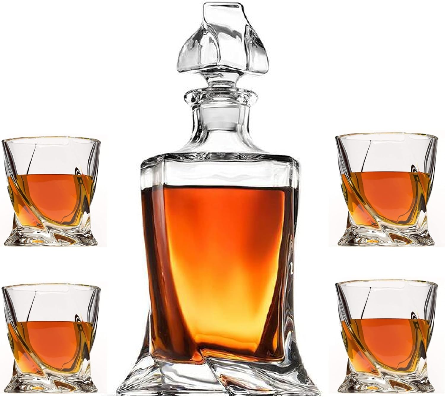 Whiskey Decanter Glasses Set Lead-Free Crystal Glass Scotch Tasting Cups Wine Bottle for Drinking Irish Whisky Bourbon Tequila tumbler (Twist, 1 Decanter & 4 Glasses Set)