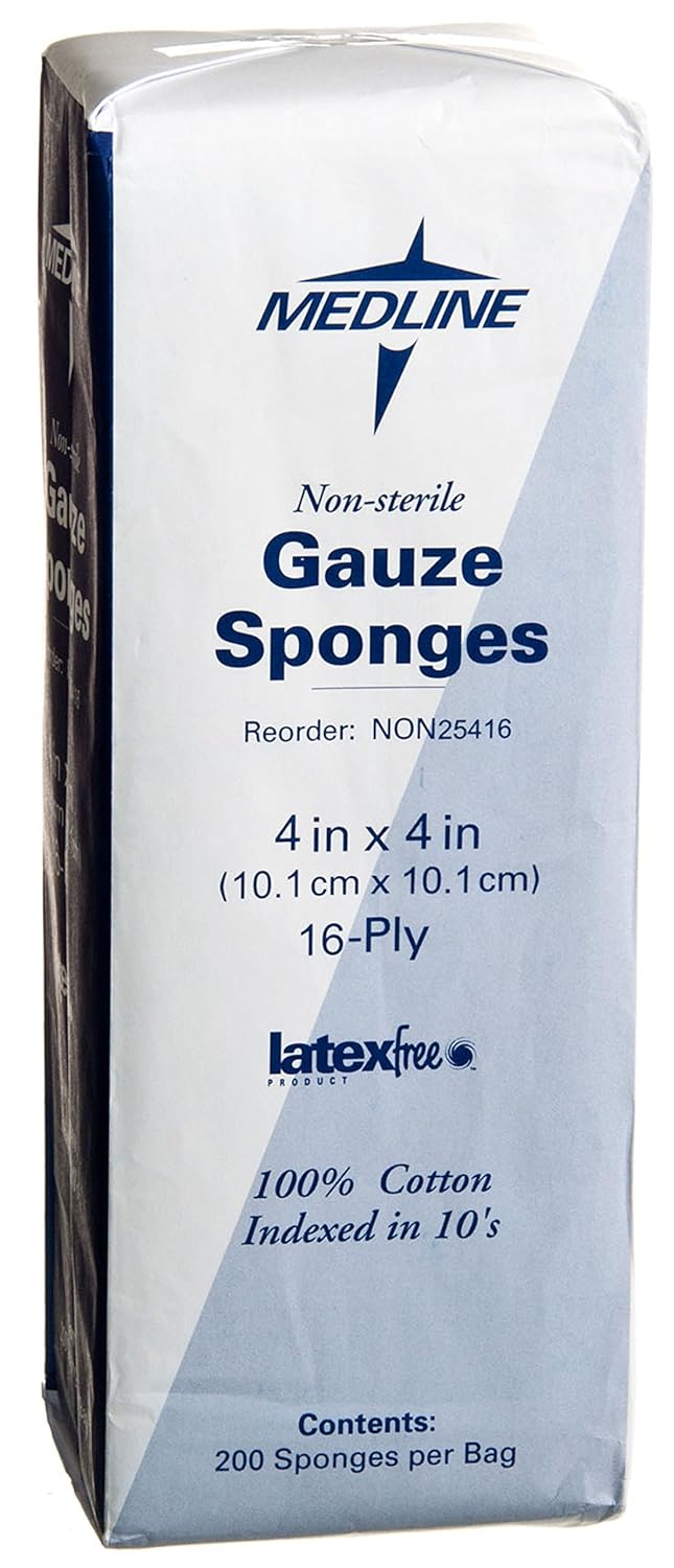 Medline Premium Woven Gauze Sponges, 4x4, 16 Ply, Non-Allergenic - Superior Quality for Effective Wound Care and Absorption, 200 Count