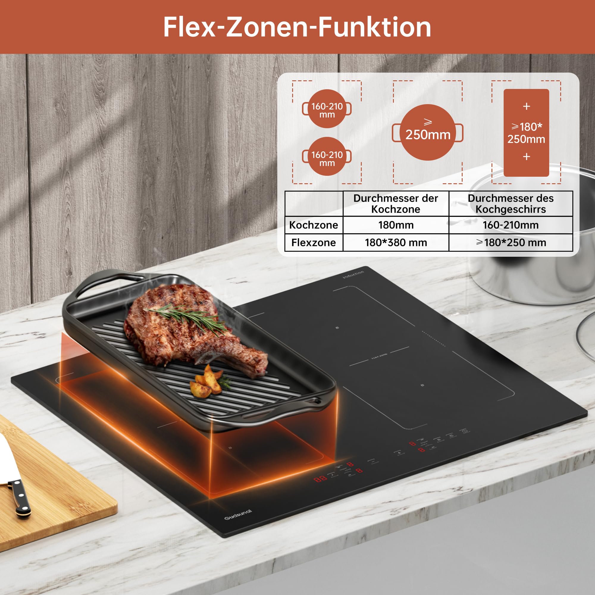 Induktionskochfeld 60 cm mit zwei Flexzonen, 7200W, 4-Zonen-Induktionskochplatte mit kontinuierlicher Niedrigleistungsheizung, Boost, 9 Heizstufen, Timer, automatische Abschaltung