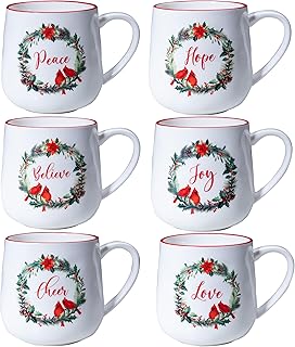 Christmas Ceramic Coffee Mug Set of 6, 16 OZ Holiday Porcelain Mugs, Wre...