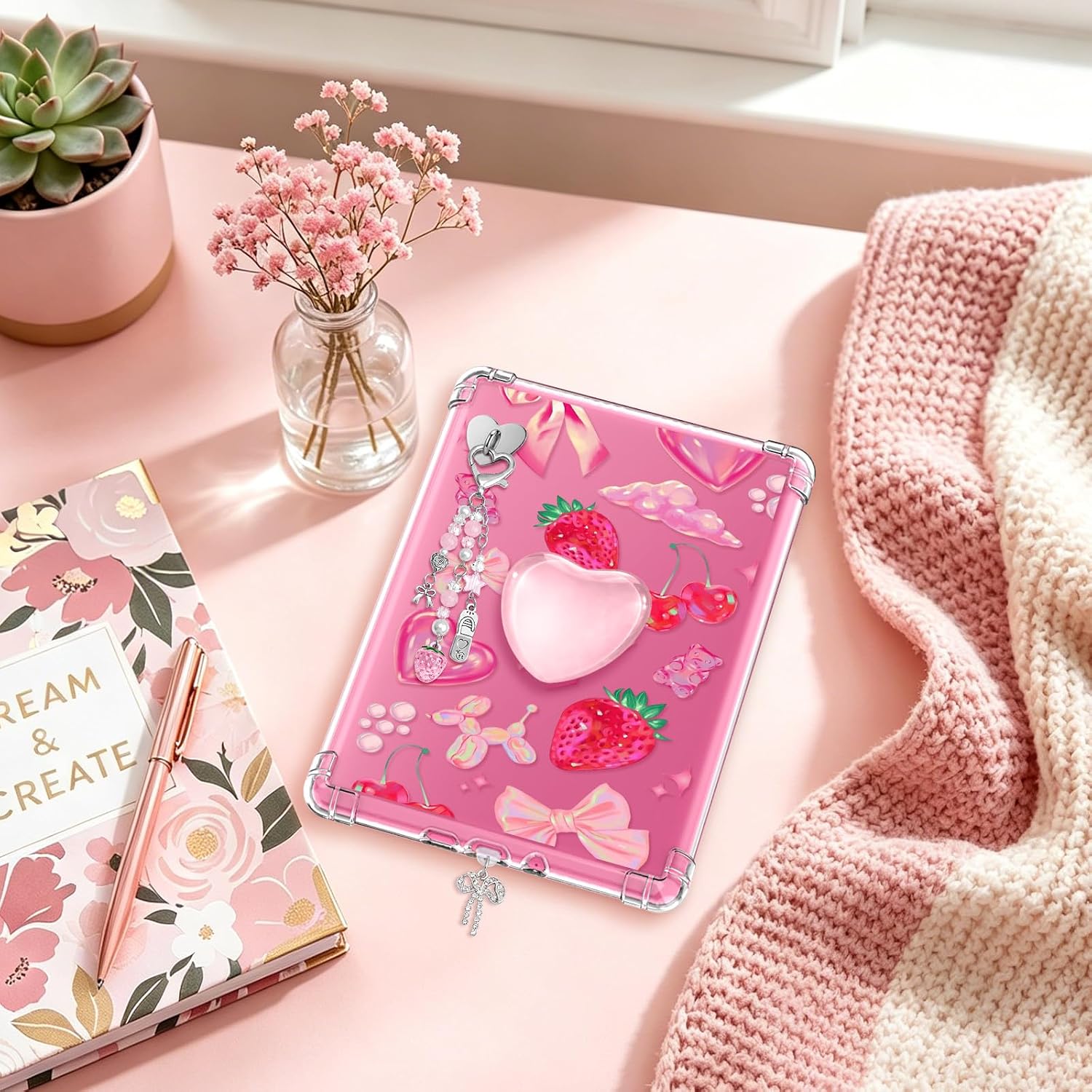 Dadanism Charms Set for Kindle, Including Dust Plug Charm Type C/USB C, Heart Grip Holder, Keychains with Hook for Kindle Accessories, Fit 7" Kindle Paperwhite 12th Gen/Kindle Colorsoft, Pink