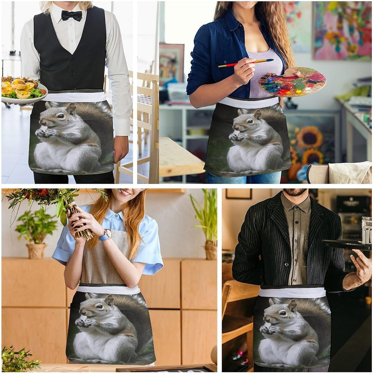 Squirrel Apron Waterproof Chef Works Half Bistro Server Apron Adjustable Waist Half Apron With Pockets for Men Women Soft Cooking Apron
