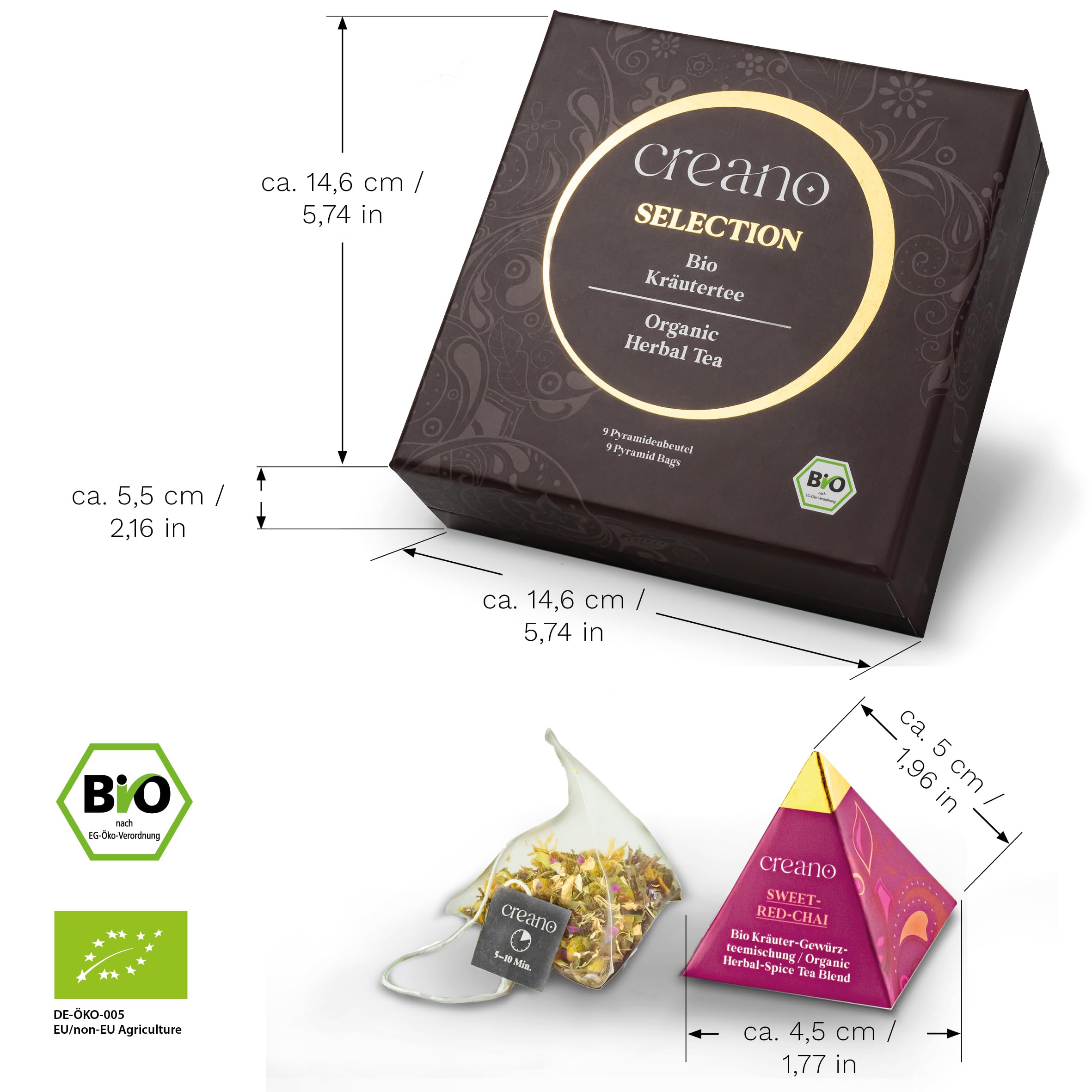 Creano Set de Regalo de Té Bio Orgánico Infusión de Hierbas 9 Bolsitas Piramidales 9 Variedades Sin Cafeína