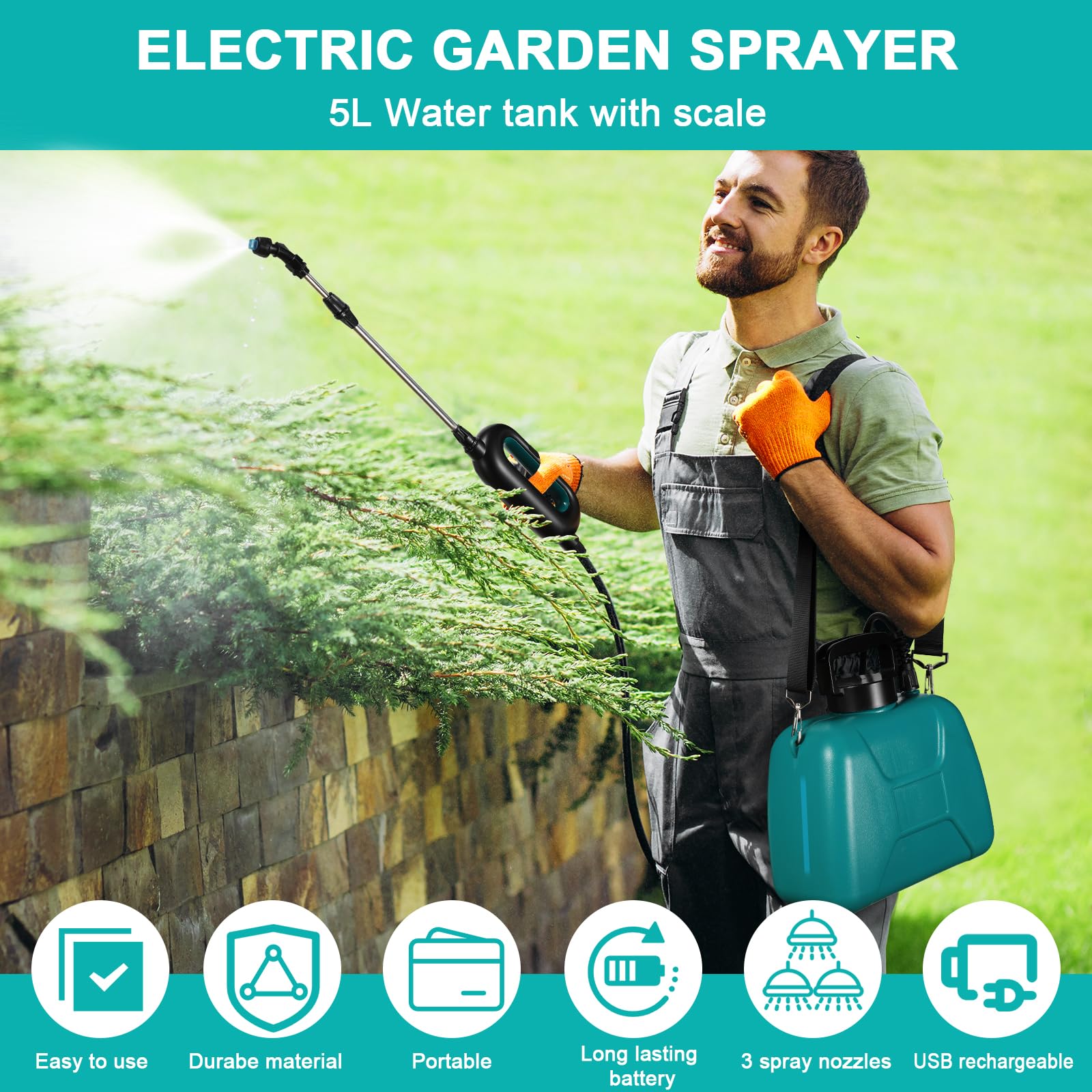 TLGREEN Pompa Irroratrice a Batteria 8L, Spruzzatore Elettrico 7.4V, 2000mAh Nebulizzatore Giardino con 4 Ugelli Regolabili Nebulizzatore Asta Telescopica, Spruzzatore per Erbacce da Giardino e Piante