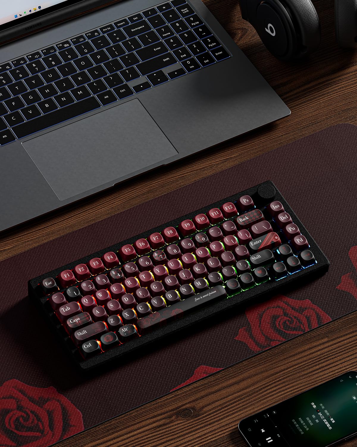 Womier キーキャップ 赤いバラ MOAプロファイル PBT キーキャップセット 131キー | 染料昇華印刷, 60%/65%/75%対応, TKL・フルサイズ対応, メカニカルキーボード用, カスタムデザイン