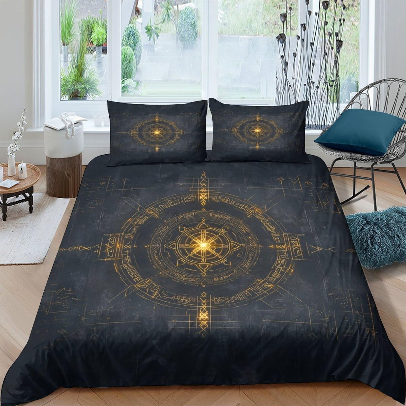 Ctjqhvkz Style-7 3D Printed Golden Mandala Fitted Sheet Microfiber Black Star Compass Mattress Cover Non-Slip For Bedroom Guest Room Easy Care Single（135X200cm）