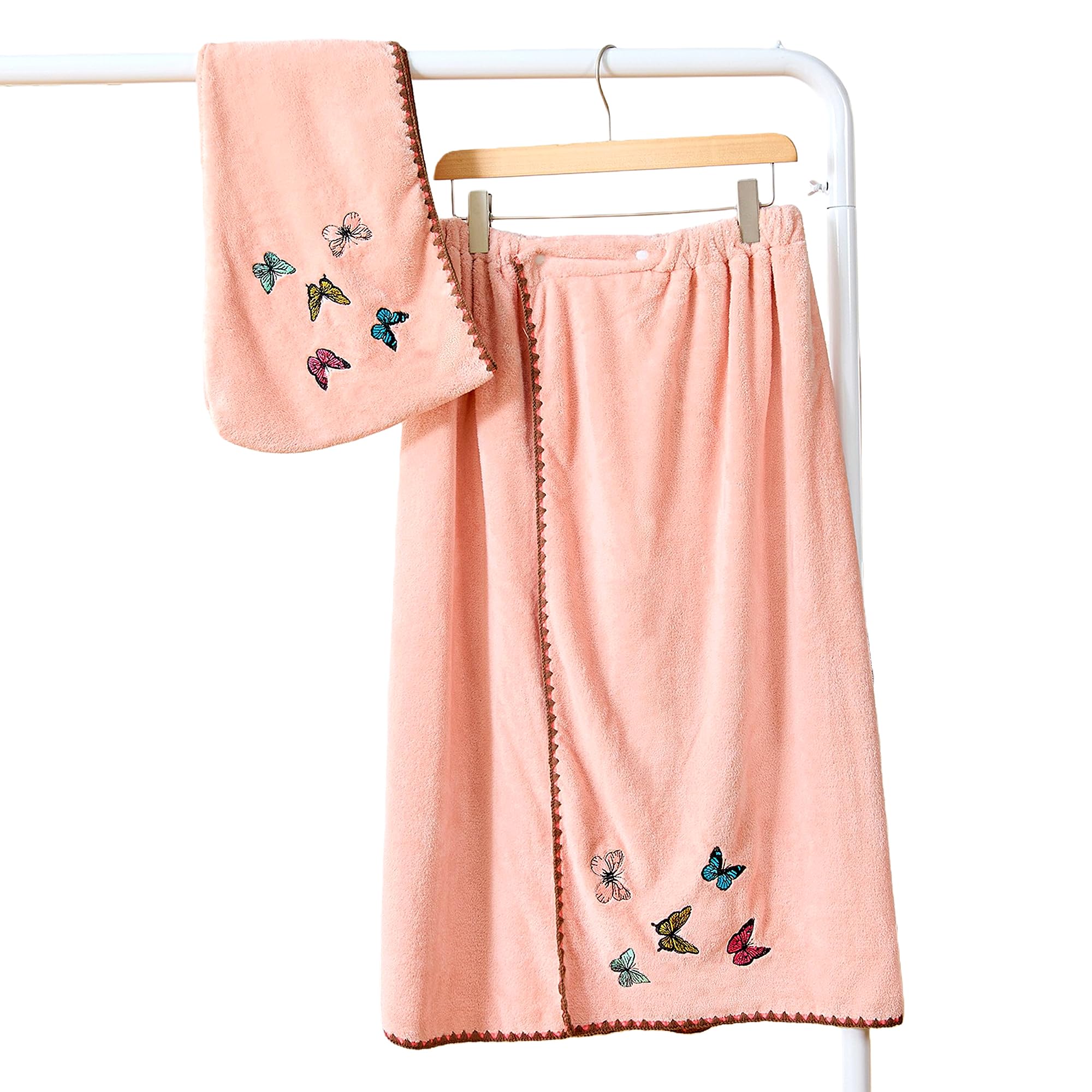 UINSUE 2PCS Hair Drying Cap & Bath Skirt Butterfly Embroidery Coral Fleece Quick Dry Bath Set Soft Spa Wrap for Home Travel Gift Set (Cherry Pink)