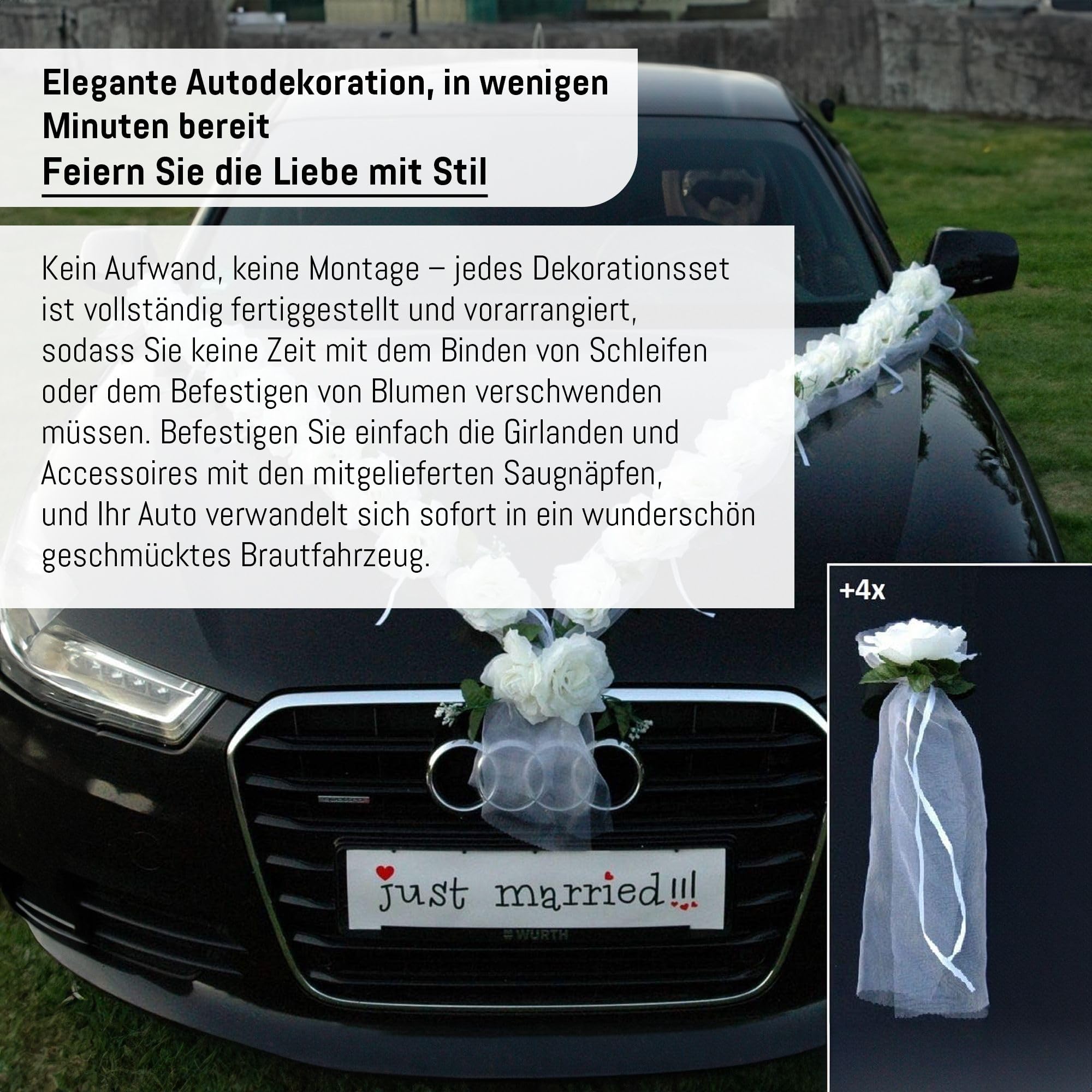 Rosen Girlande Braut Paar Rose Deko Dekoration Autoschmuck Hochzeit Car Auto Wedding ®Auto-schmuck Deko (Weiß/Weiß)