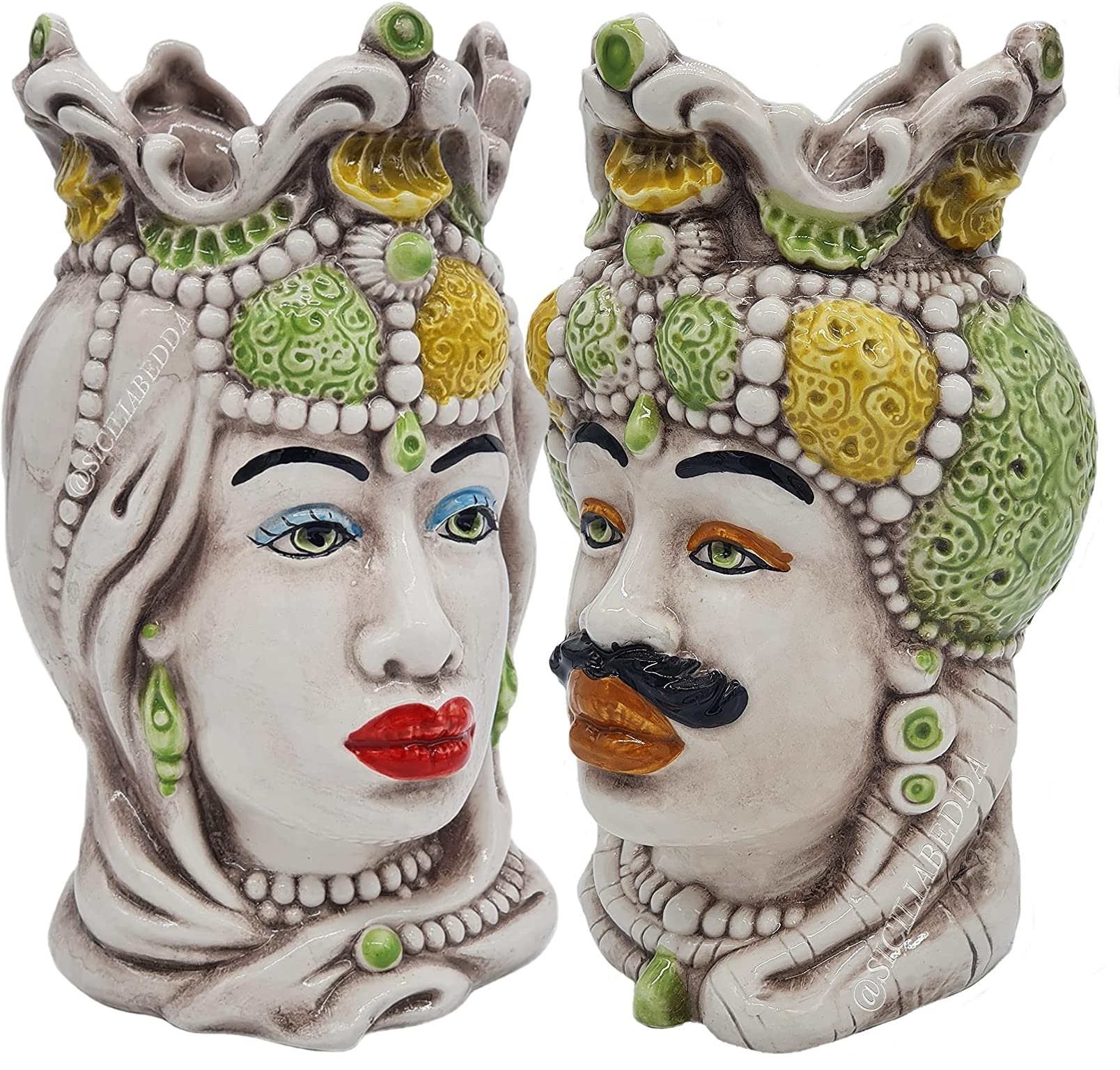 sicilia bedda - Sycylijskie główki morza z ceramiki Caltagirone - wykonane całkowicie ręcznie - wysokość 18 cm (para głów zielonego morca)