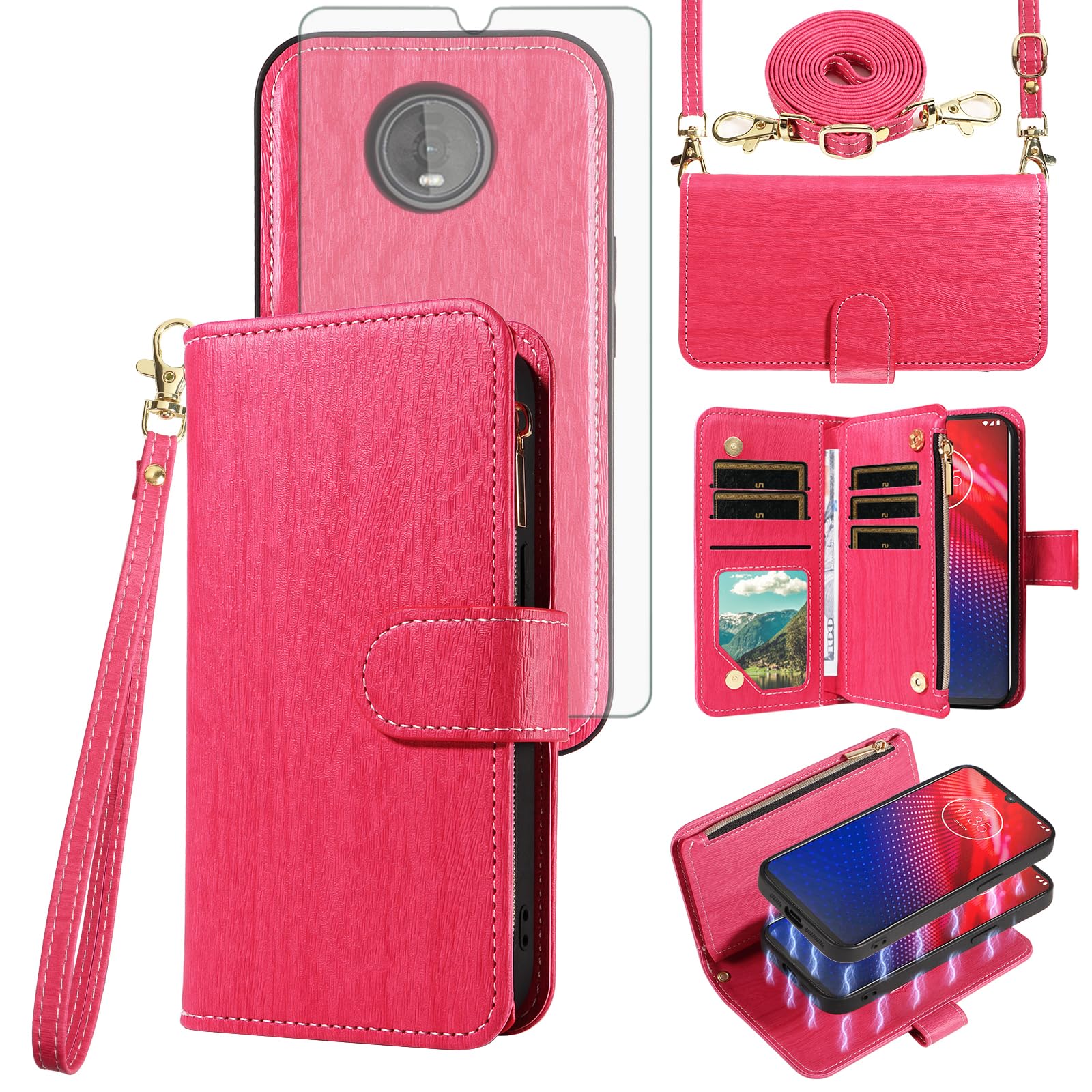 Asuwish Phone Case for Moto Z4/Moto Z 4 Play/MotoZ4 Force Zipper Wallet Detachable Cell Cover with Screen Protector Strap Card Holder Motorola 4Z