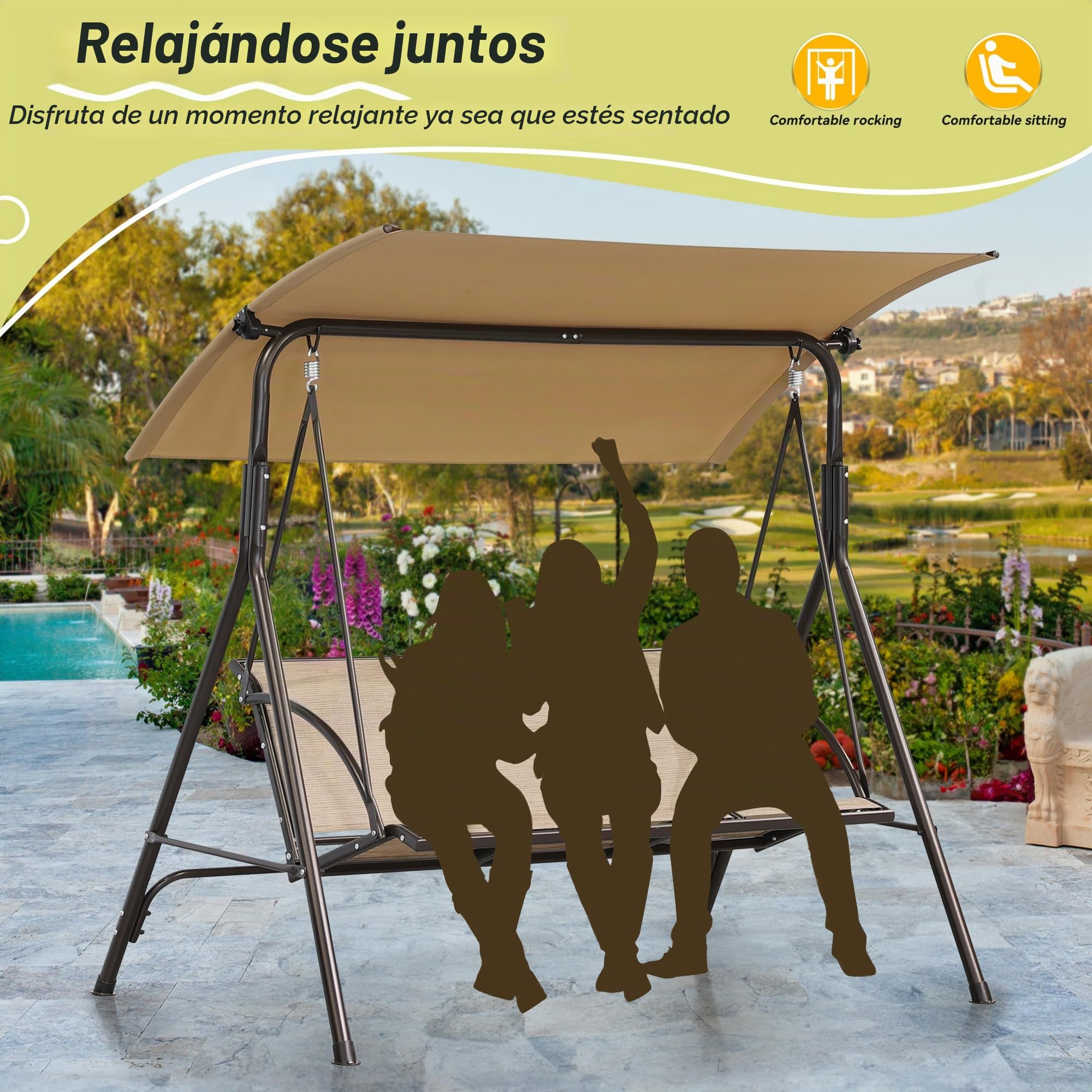 Angel Living - Balancín con 3 Asientos, Columpio de Jardín con la Silla de Tesling, 170x110x152cm (Marrón)