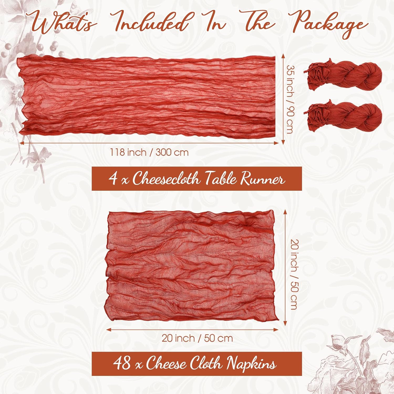 4 Cheesecloth Table Runners and 48 Napkins Set, 10Ft Boho Cheese Cloth Table Runners 20 x 20 Inch Rustic Wrinkled Gauze Napkins for Wedding Birthday Baby Shower Party Decor (Terracotta)