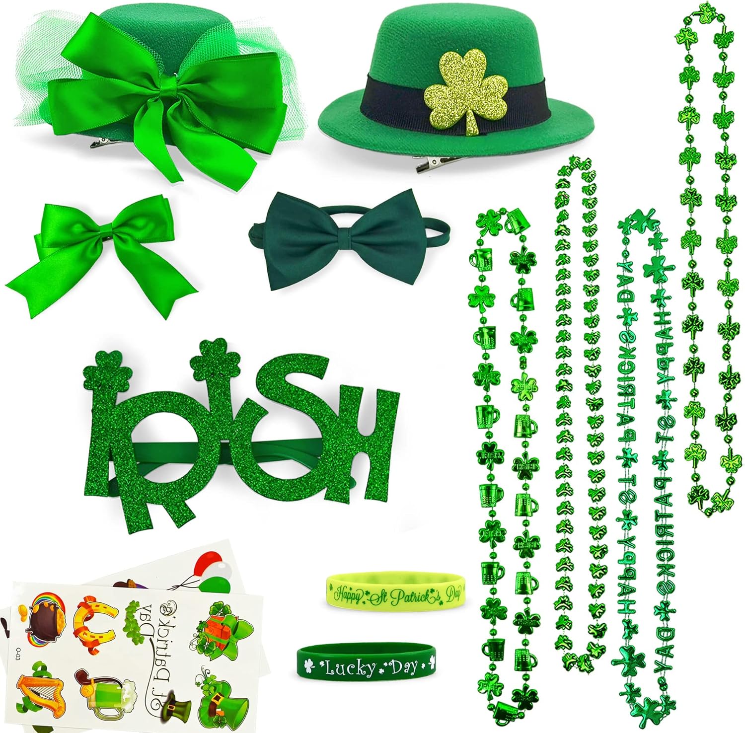 Adults St Patrick's Day Dressing-Up Accessories Set, 13 PCS Green Lucky Irish Party Supplies for Men and Women with Necklaces, Bracelets, Bow Hair Clip, Glasses and Mini Hat Clips : Everything Else