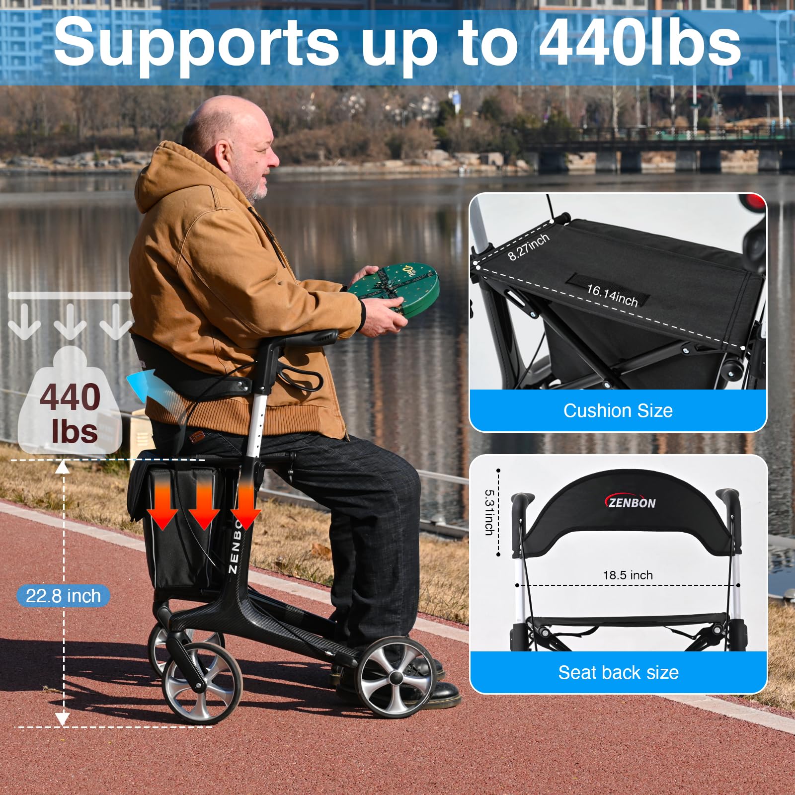 Rollator Walker for Seniors/Adults Foldable Rolling Walker with Seat 330 lbs Capacity 4 Big 7.9 inch Wheels Hand Grips Adjustable Height Lightweight Carbon Fiber Walker Removable Back Support