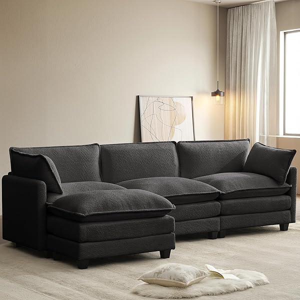 ROWHY 112'' Modular Sectional Cloud Couch with Movable Ottoman, 4 Seat Modern Chenille Sofa with 2 Throw Pillows, Deep Seat L Shaped Couch for Living Room Bedroom Apartment, Dark Grey | Arrange Freedom, Pet-Friendly Fabric, Sturdy Frame, Ultimate Comfort, Movable Ottoman, Deep Seat