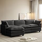 ROWHY 112'' Modular Sectional Cloud Couch with Movable Ottoman, 4 Seat Modern Chenille Sofa with 2 Throw Pillows, Deep Seat L Shaped Couch for Living Room Bedroom Apartment, Dark Grey | Arrange Freedom, Pet-Friendly Fabric, Sturdy Frame, Ultimate Comfort, Movable Ottoman, Deep Seat