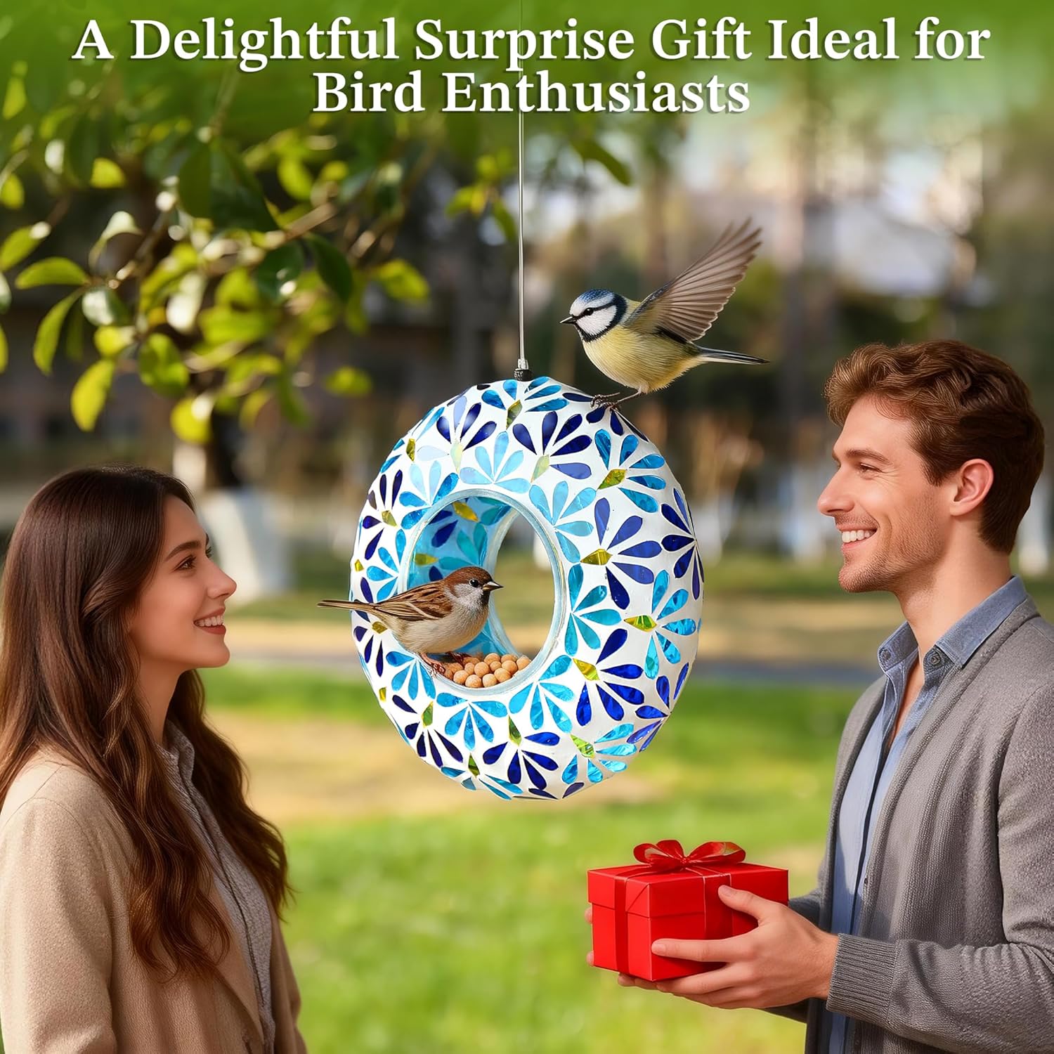 SAVENNA Mosaic Glass Hanging Bird Feeder, 8 Inch Handcrafted Outdoor Feeder with Steel Wire Rope, Decorative Garden & Patio Feeder for Wild Birds, Blue Geometric Mosaic Design