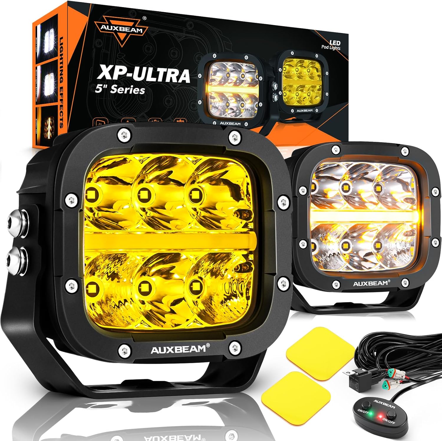 Auxbeam XP-Ultra Series 5 Inch Cube Offroad Lights, Amber DRL Function, Amber White Light Covers, 132W 15600LM Spot Flood Combo, LED Pod Light Bar Off-Road Fog Lights, Pair