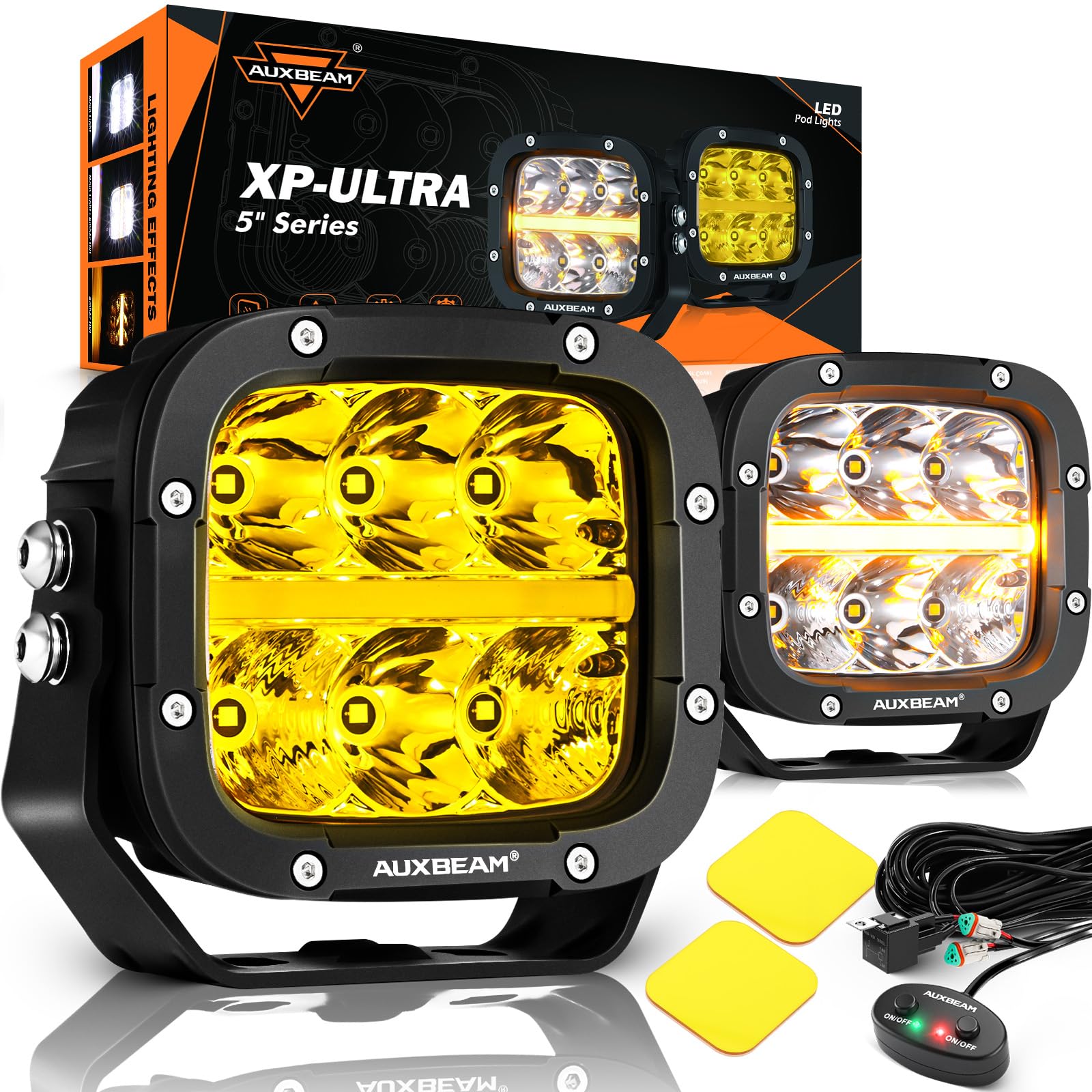 Auxbeam XP-Ultra Series 5 Inch Cube Offroad Lights, Amber DRL Function, Amber White Light Covers, 132W 15600LM Spot Flood Combo, LED Pod Light Bar Off-Road Fog Lights, Pair
