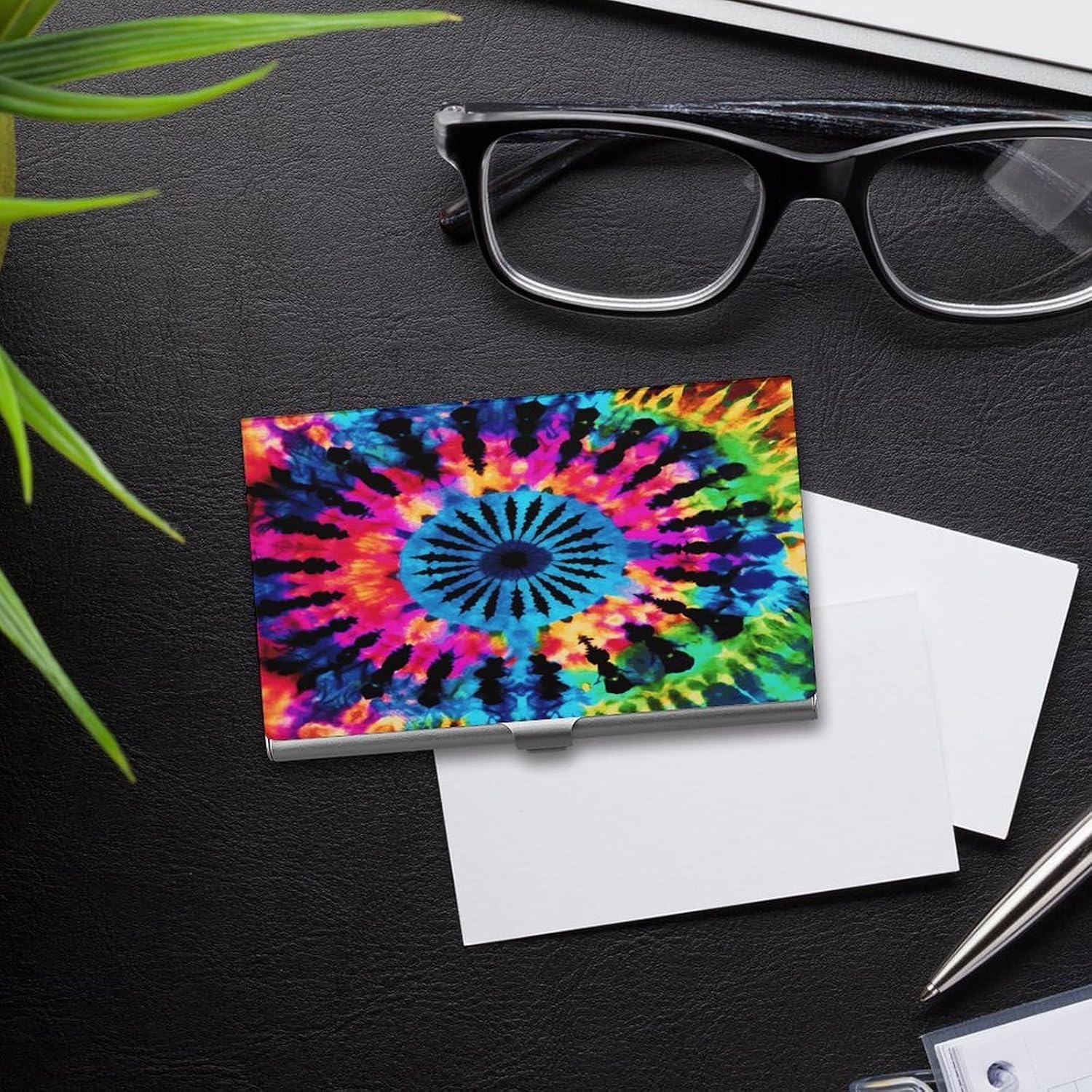 Personalized Exotic Tribe Tie Dye Style Business Card Case Ultra-Thin Aluminum Alloy Business Card Holders with Buckle Style Shut Lightweight Business Card Wallet for Men Women