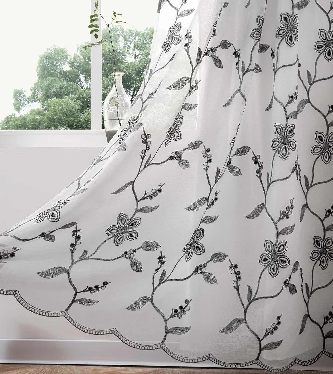 Petrichor Embroidered Sheer Curtain 2 Panels Set - Luxury Window Curtain Attached Valance with Satin Backing and 2 Tie Backs for Living Room,Dining Room, 54x84 inches, Gray