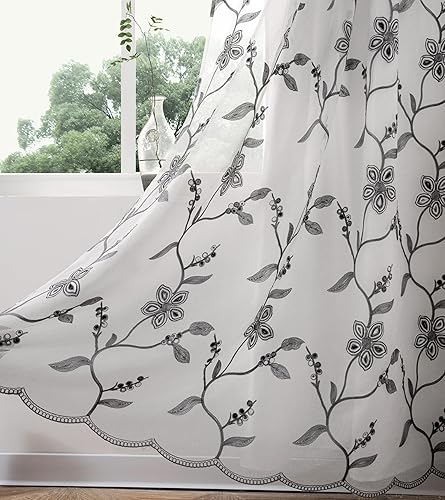 Miniatura 3 de Petrichor Juego de 2 paneles de cortinas transparentes bordadas, cenefa de lujo con respaldo de satén y 2 alzapaños para sala de estar, comedor, 54