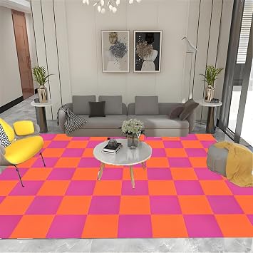 Washable Area Rug, 3x4ft Home Decor Checkered Carpet, Indoor Large Rug with Non-Slip Backing, Orange Checkerboard Rug, Modern Soft Foldable, for Bedroom Living Room Dining Room Office.