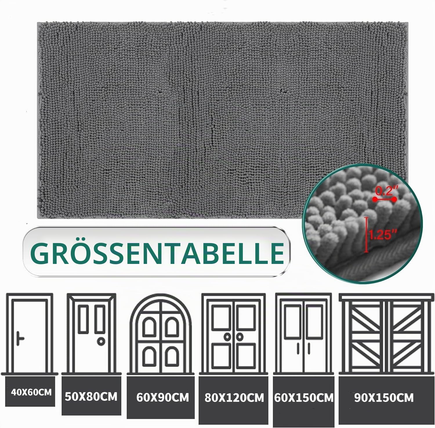 Saugfähige Chenille Fußmatte für den, rutschfeste Badematte, schlammiger Hund, waschbare Matte, schnell trocknende 60x150cm Grau