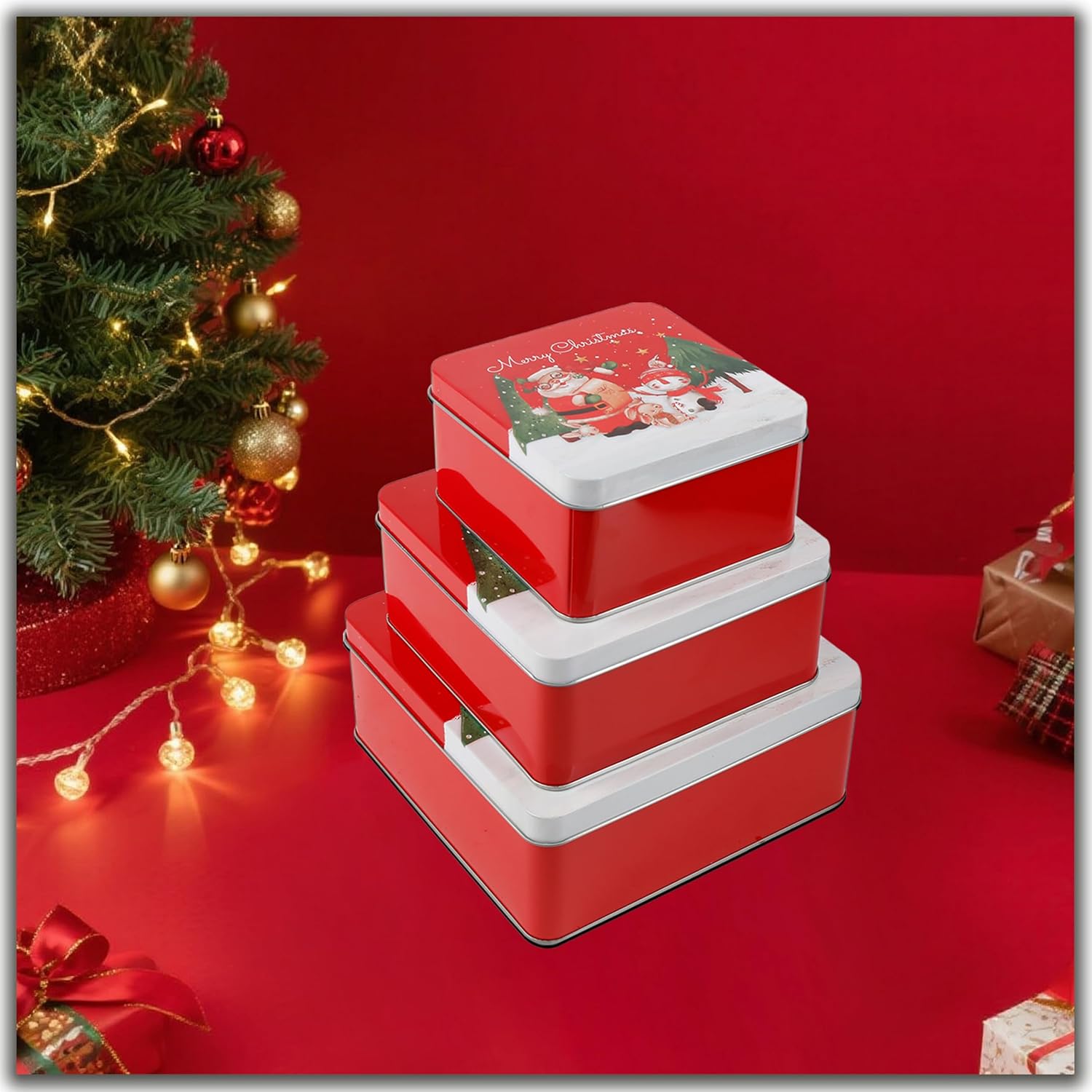 Christmas Tin Gift Box Santa Tinplate Candy Cookie Box Square Candy Storage Containers with Lids for Holiday Xmas Supplies 3Pcs