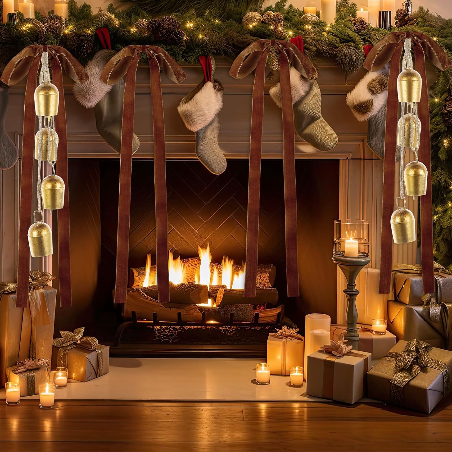 Suncalla 2 Pcs Christmas Cow Bells with 8 Pcs Brown Velvet Bows Vintage Rustic Gold Bell with Velvet Ribbon Bows for Xmas Tree Wall Home Mantel Banister Decor Wreath Garland Garden Indoor Outdoor