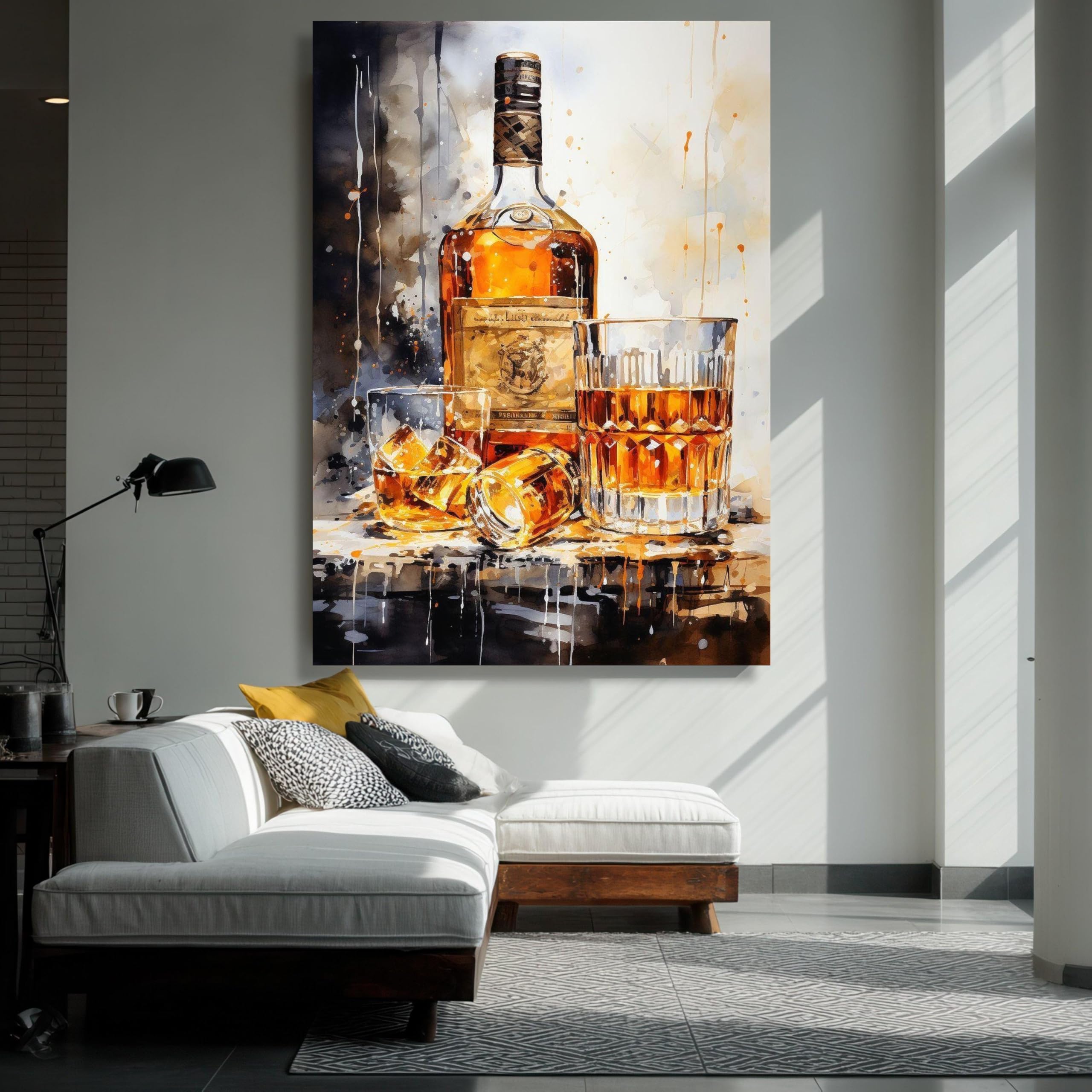 XINBAO Lienzo decorativo de botella de whisky y vasos, decoración de bar, bodegón de whisky, lienzo para bar, obra de arte (80 x 110 cm/marco interior)