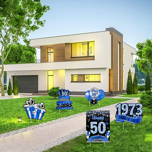 Miniatura 4 de Letrero de jardín de 50 cumpleaños color azul marino para hombres, 50 cumpleaños, fabricado en 1973, con estacas para decoración de fiesta de
