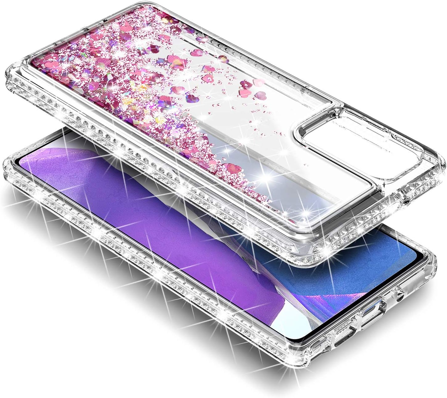E-Began Case for Samsung Galaxy Note 20/Note 20 5G with Tempered Glass Screen Protector, Ring Holder/Wrist Strap, Sparkle Glitter Liquid Floating Durable Women Girls Cute Case (Rose Gold)