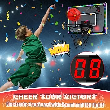 Basketball Hoop Indoor for Kids,LED Light Mini Basketball Hoop with 3 Balls & Electronic Scoreboard,Over The Door Basketball Hoop,Basketball Boy for Kids 3-12 Year Old Boys Girls Teen