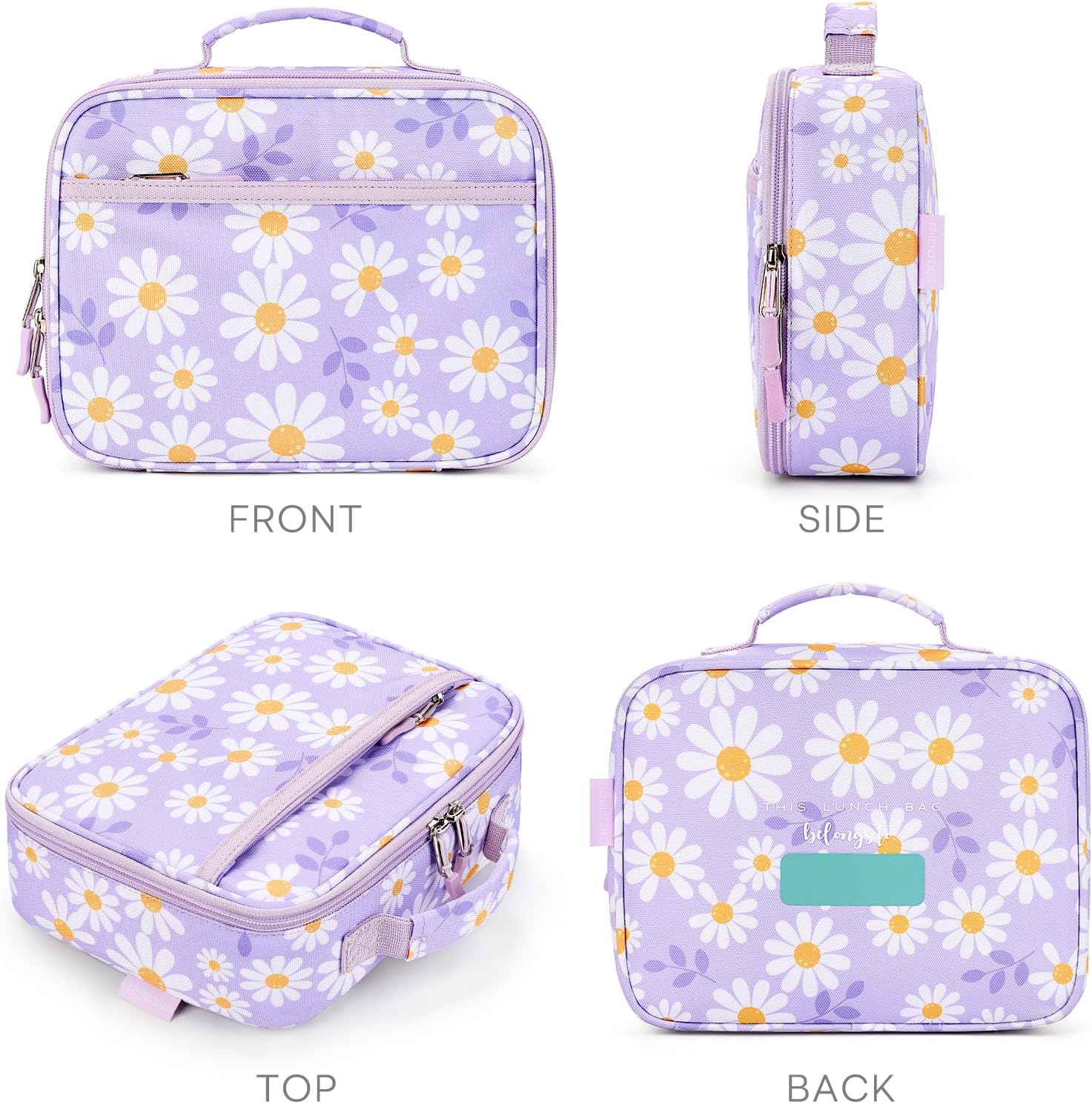 mibasies Kids Lunch Box for Girls, Insulated and Reusable Lunch Bag for School Preschool Kindergarten, Daisy Purple