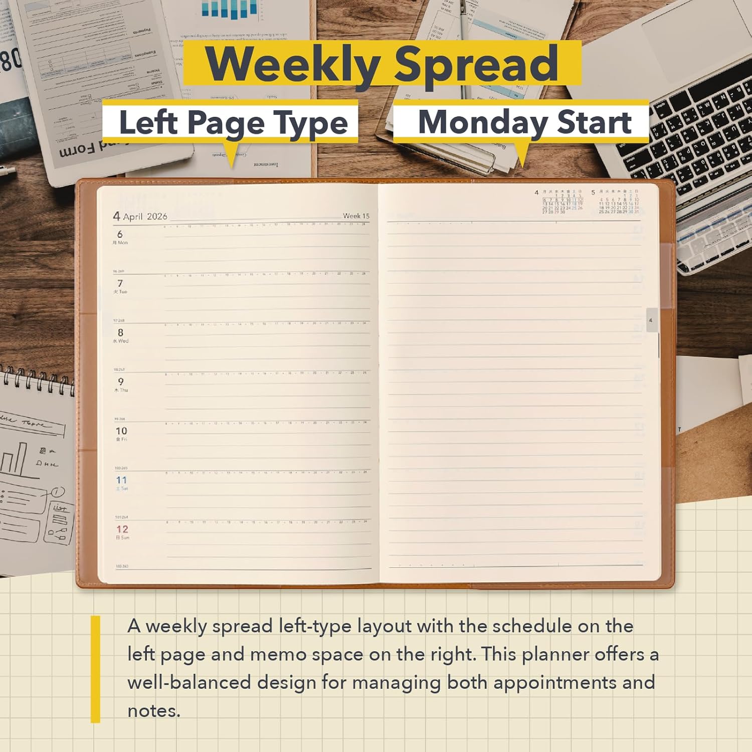 NOLTY Ecri A5-1 Weekly Planner 2026, January Start Japanese Edition, Camel, 2026-6313